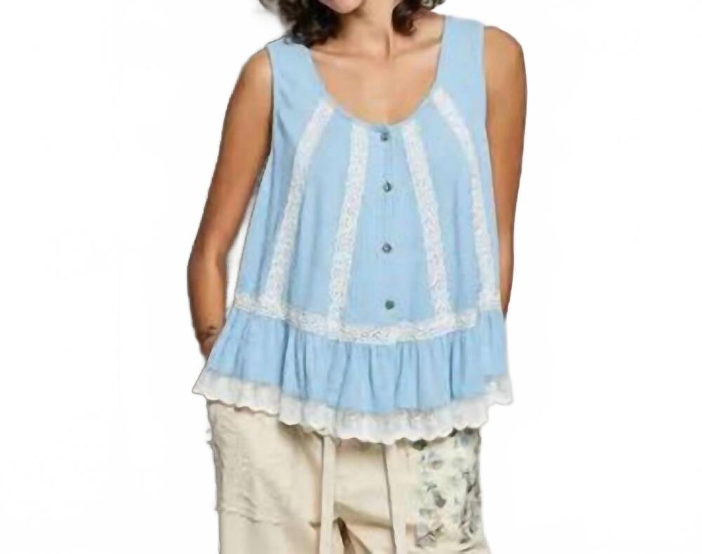 NEW POL metal button down lace trim tank in powder blue